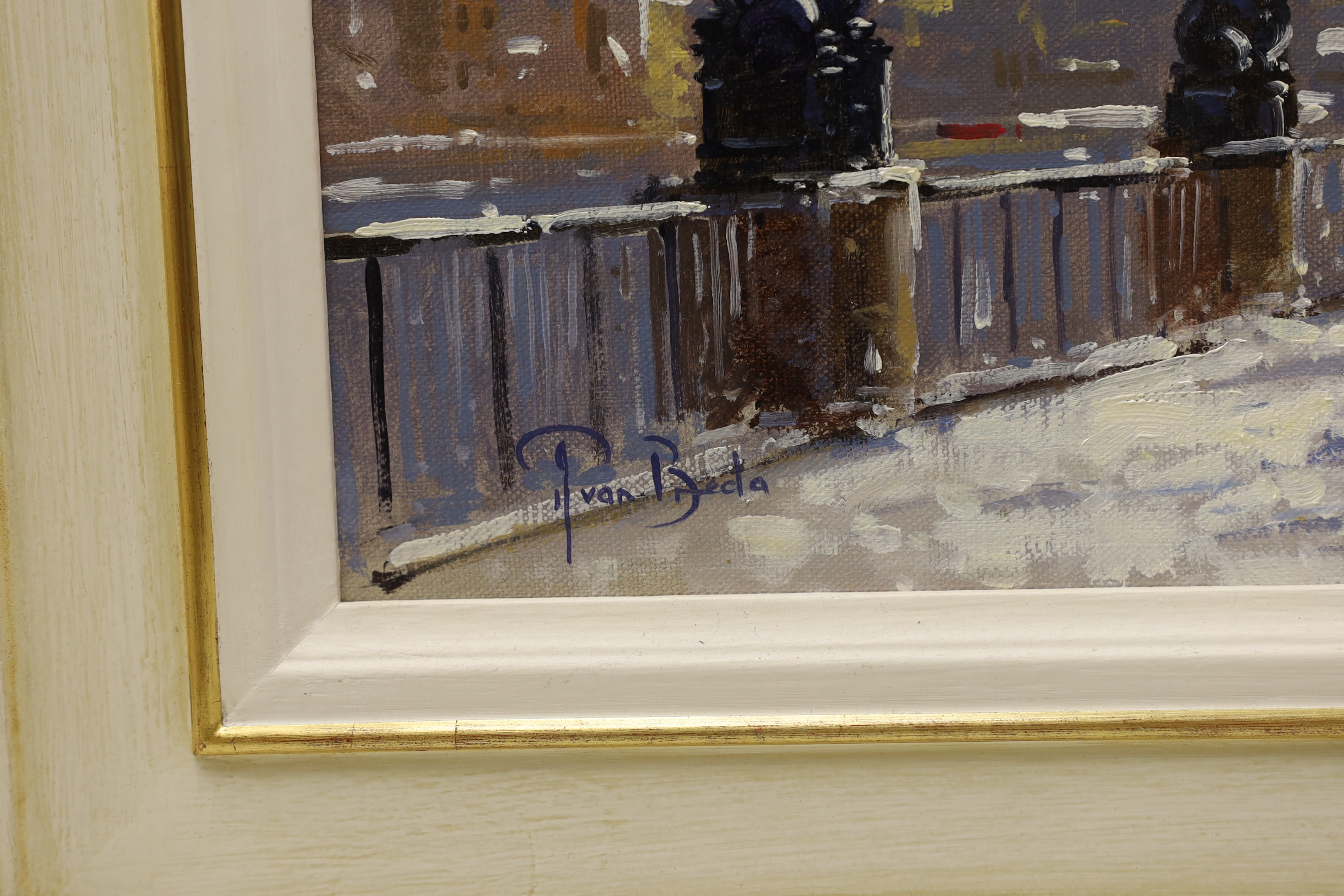 Peter Van Breda (b.1957), impressionist oil on canvas, 'Snow, South Bank towards St. Paul's, London', signed, inscribed verso, 21 x 34cm